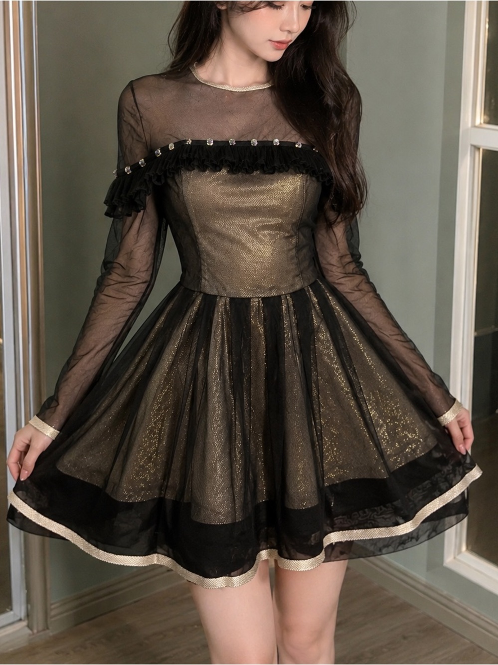 Vintage Sheer Sparkle Mesh Mini Dress Black Gold Ruffle Rhinestone Party Dress